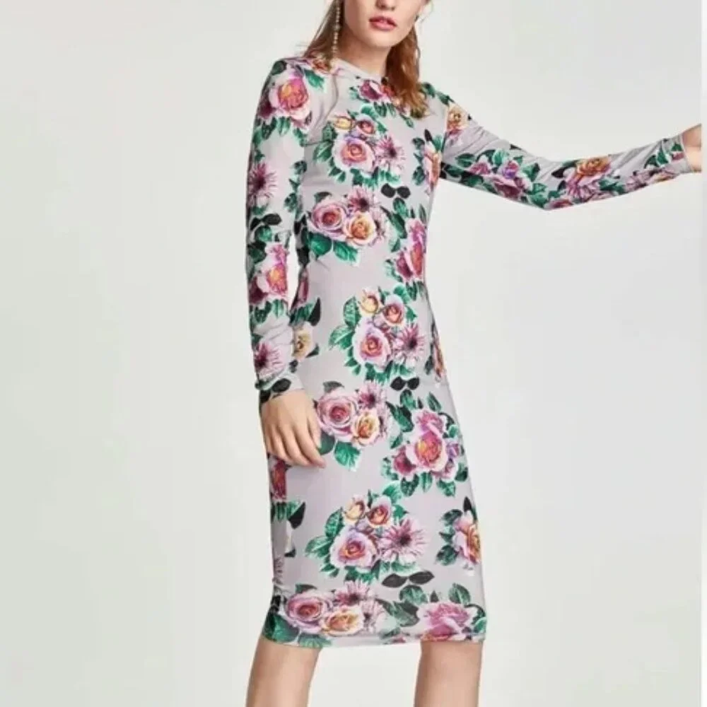 Zara Floral Stretch Bodycon Midi Dress Large Pink Stretch Casual Lounge